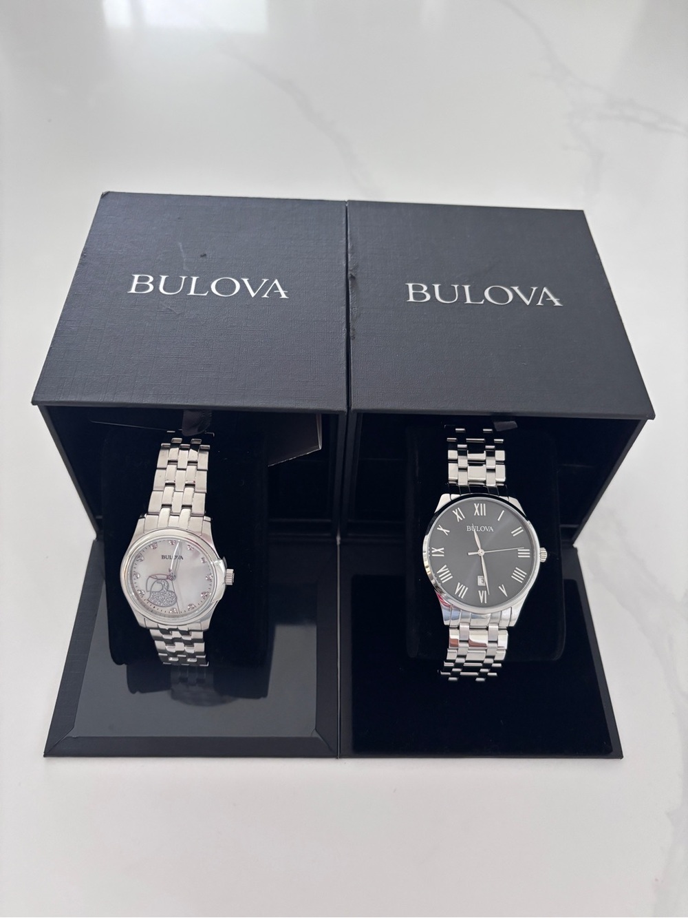 Bulova Silver Stainless Steel Pair of Watches with Black Dial